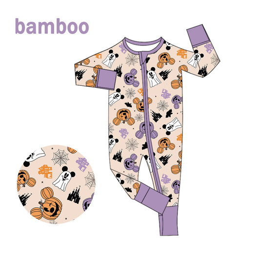 (Custom Design Preorder MOQ 20) Cartoon Mouse Pumpkin Print Baby Halloween Long Sleeve Bamboo Sleeper Zipper Romper