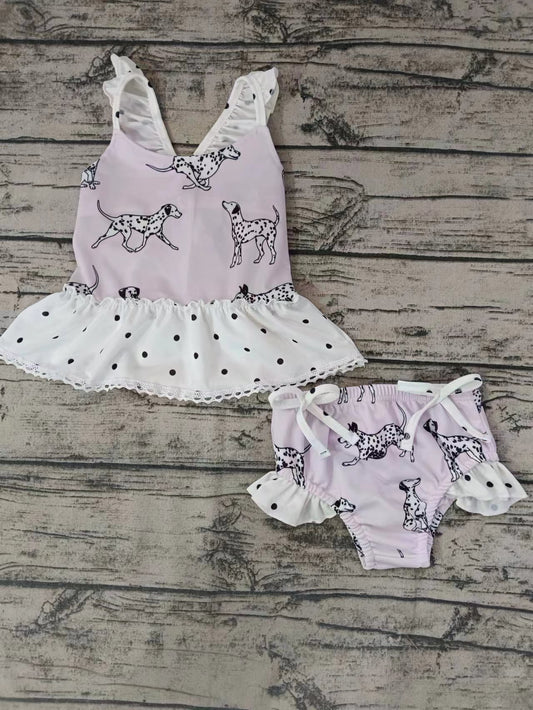 (Custom Design Preorder MOQ 5)  Spotted Dog Print Girls 2 Pieces Swimsuits