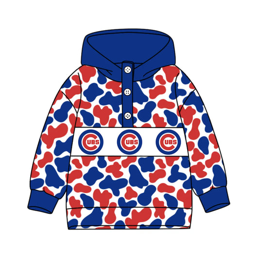(Custom Design Preorder MOQ 5) Team's Chicago Cubs Camo Print Kids Long Sleeve Buttons Hoodie Top