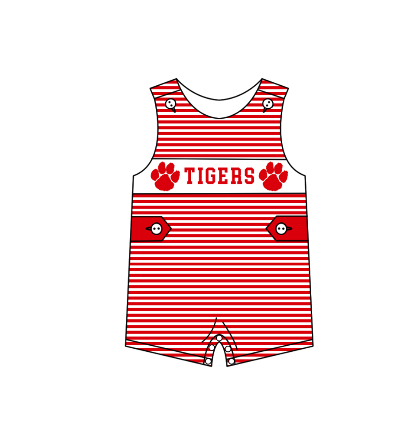(Custom Design Preorder MOQ 5 Each Item) Team's Tigers Red Paw Print Kids Summer Matching Clothes Sibling Wear