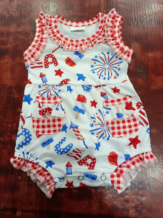 (Custom Design Preorder MOQ 5) Fireworks USA Popsicle Print Baby Girls 4th of July Pocket Romper