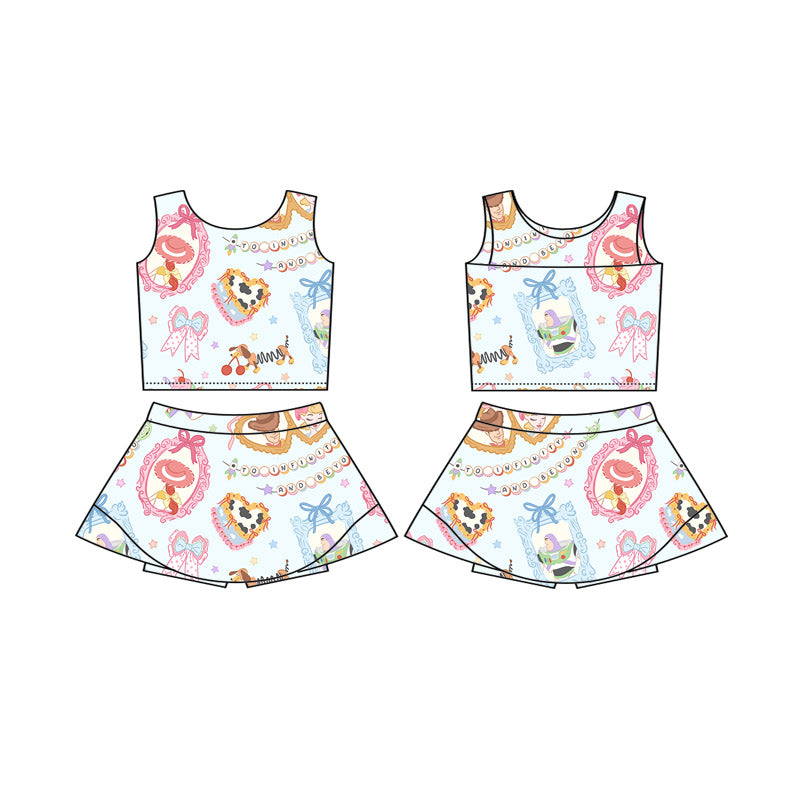 (Custom Design Preorder MOQ 5 Each Item )5-8 Styles Cartoon Princess Print Shorts Skirts Girls Summer Yoga Clothes Set