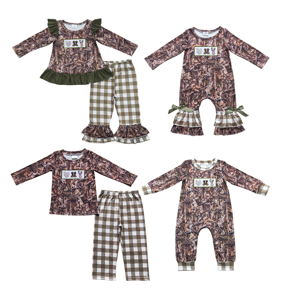 Turkey Boots Deer Embroidery Camo Print Kids Fall Matching Clothes Sibling Wear