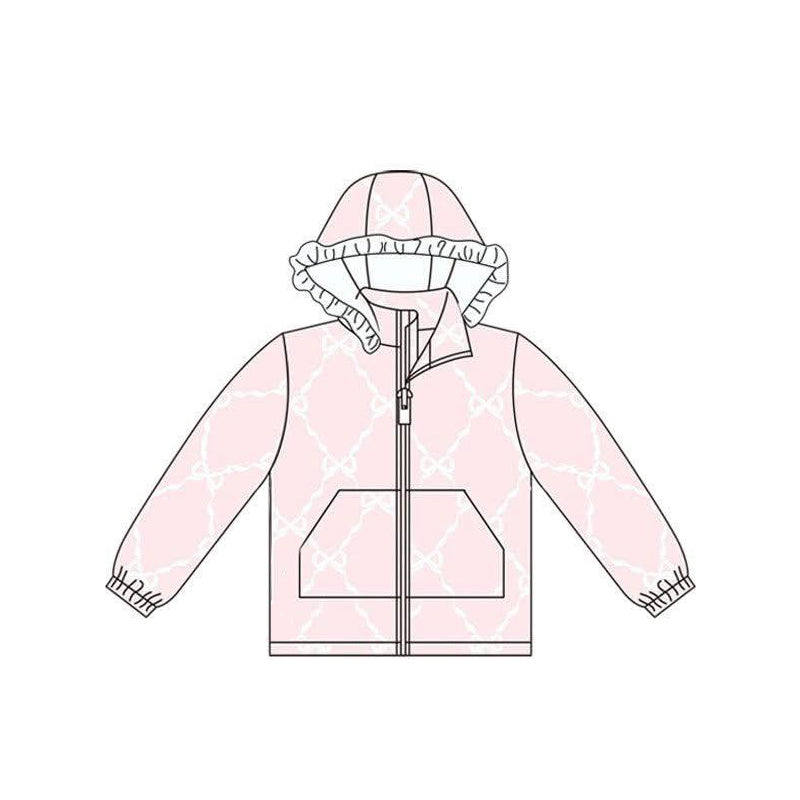(Custom Design Preorder MOQ 5) Pink Bows Print Girls Long Sleeve Zipper Pockets Jacket Top