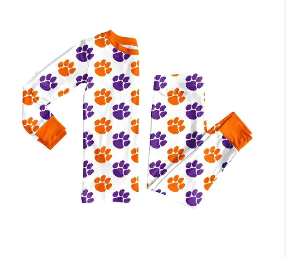 (Custom Design Preorder MOQ 5) Team's Orange Purple Paw Print Pants Boys Pajamas Clothes Set