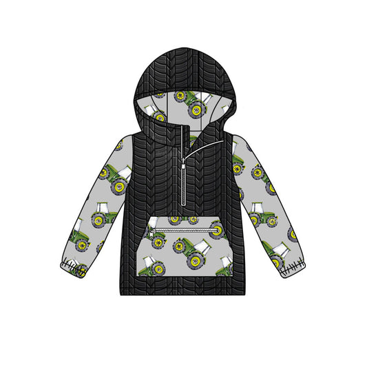 (Custom Design Preorder MOQ 5) Green Tractors Print Boys Fall Zipper Hoodie Tee Shirts Top