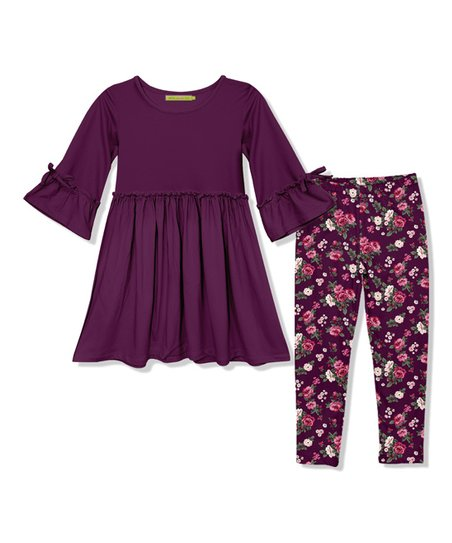 (Custom Design MOQ 5) Dark Purple Tunic Top Flowers Legging Pants Girls Clothes Set