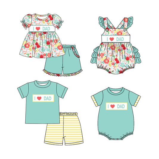 3.8(Custom Design Preorder MOQ 5 Each Design) I LOVE DAD Flowers Green Print Kids Summer Matching Clothes Sibling Wear
