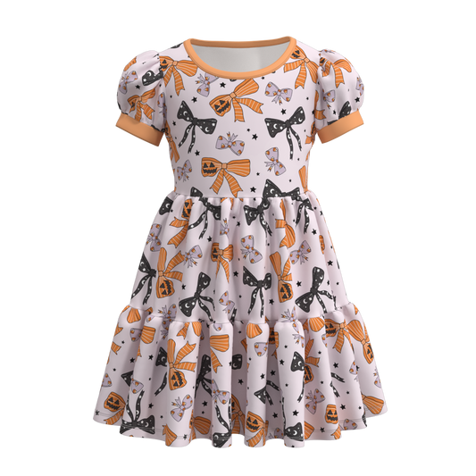 (Custom Design Preorder MOQ 5) Candy Bows Print Girls Knee Length Halloween Dress