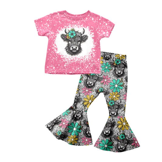 (Custom Design Preorder MOQ 5)  Highland Cow Flowers Bell Pants Girls Clothes Set