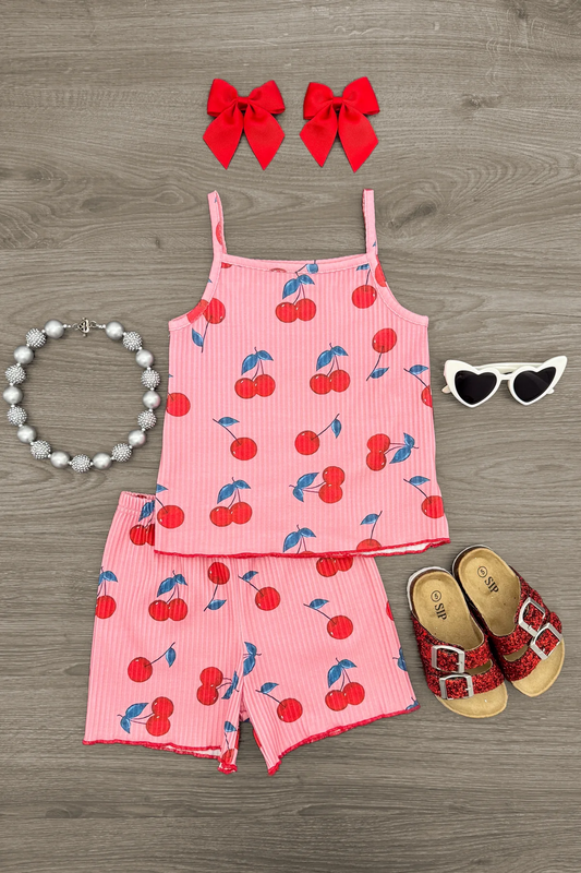 (Custom Design Preorder MOQ 5) Cherry Pink Print Tank Top Shorts Girls Summer Clothes Set