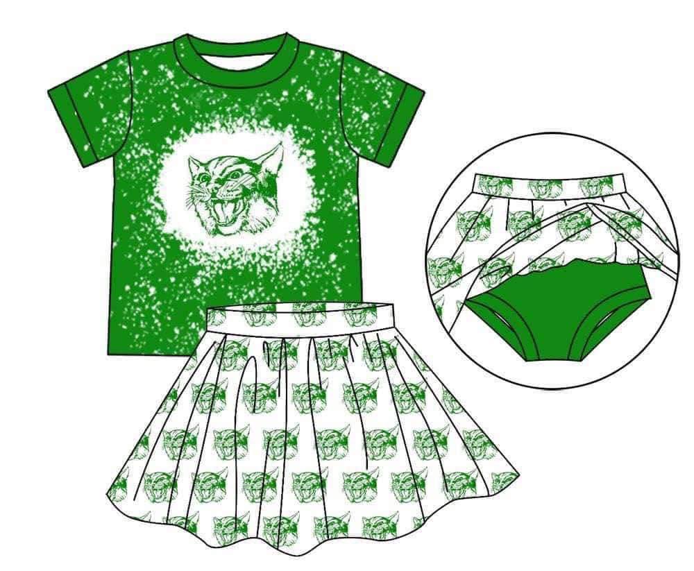 (Custom Design Preorder MOQ 5) Team's Green Cat Print Skirts With Shorts Girls Clothes Sets