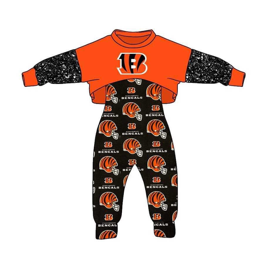 (Custom Design Preorder MOQ 5) Black B Football Team's Girls Jumpsuits Clothes Set