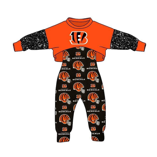 (Custom Design Preorder MOQ 5) Black B Football Team's Girls Jumpsuits Clothes Set