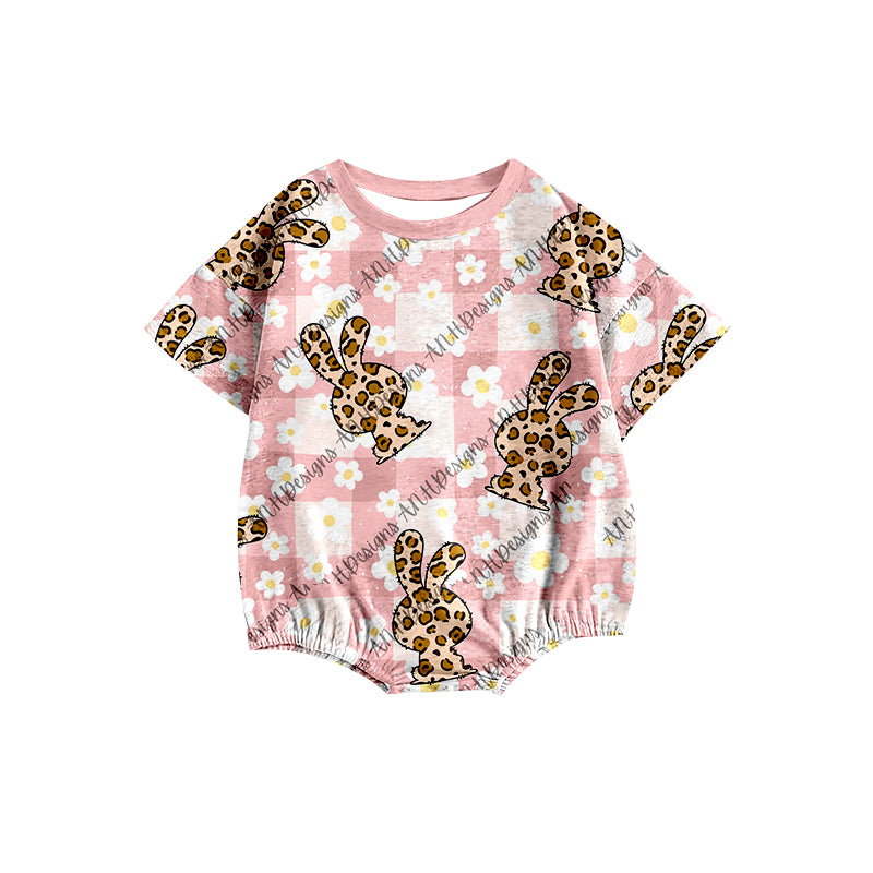 (Custom Design MOQ 5) Pink Leopard Bunny Print Baby Girls Easter Romper