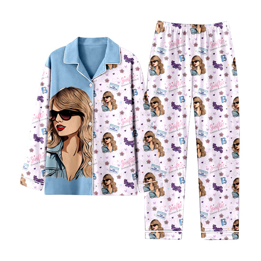 12.12(Custom Design Preorder MOQ 5) Singer Swiftie Blue Print Girls Buttons Pajamas Clothes Set