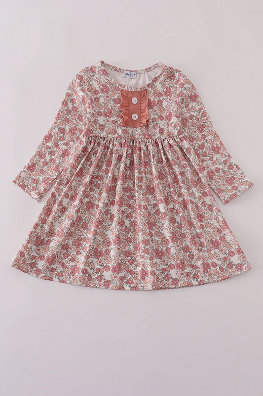 (Custom Design Preorder MOQ 5 ) Pink Flowers Girls Fall Knee Length Dress
