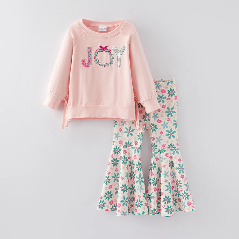 (Custom Design Preorder MOQ 5) Joy Pink Top Holly Bell Pants Girls Christmas Clothes Set