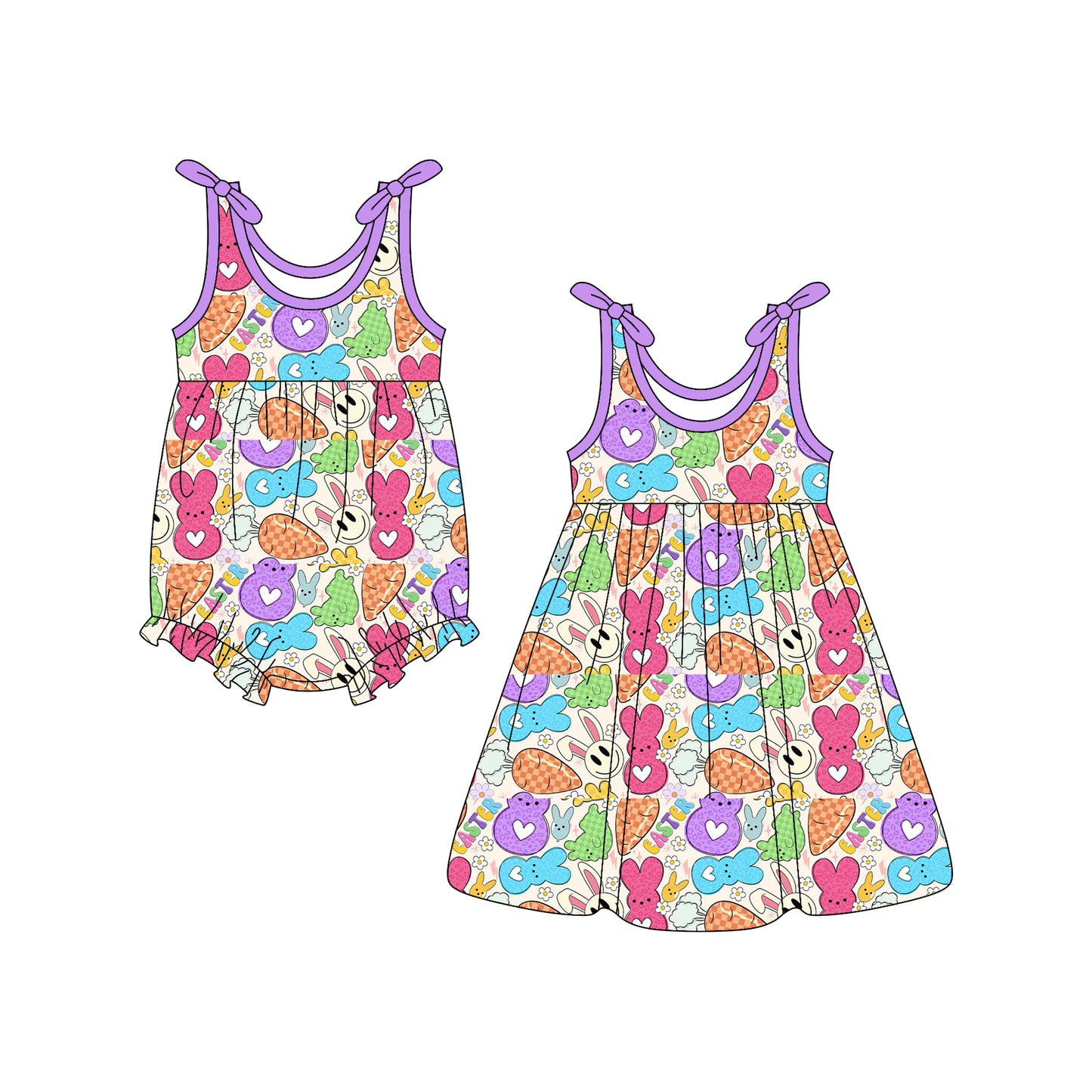 12.23 (Custom Design Preorder MOQ 5 Each Design) Colorful Bunny Print Girls Easter Matching Clothes Sisters Wear