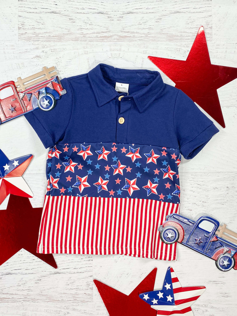 (Custom Design Preorder MOQ 5) Stars Print Boys 4th of July Polo Tee Shirts Top