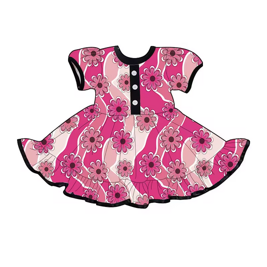 (Custom Design Preorder MOQ 5) Hot Pink Flowers Print Girls Knee Length Summer Dress