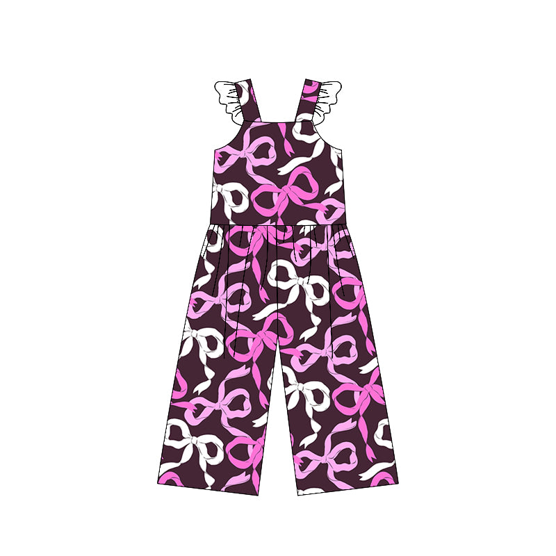 (Custom Design Preorder MOQ 5) Pink White Bows Print Girls Summer Jumpsuits