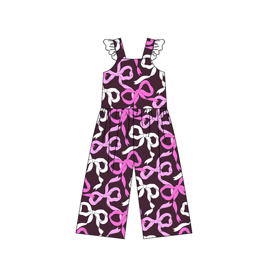 (Custom Design Preorder MOQ 5) Pink White Bows Print Girls Summer Jumpsuits