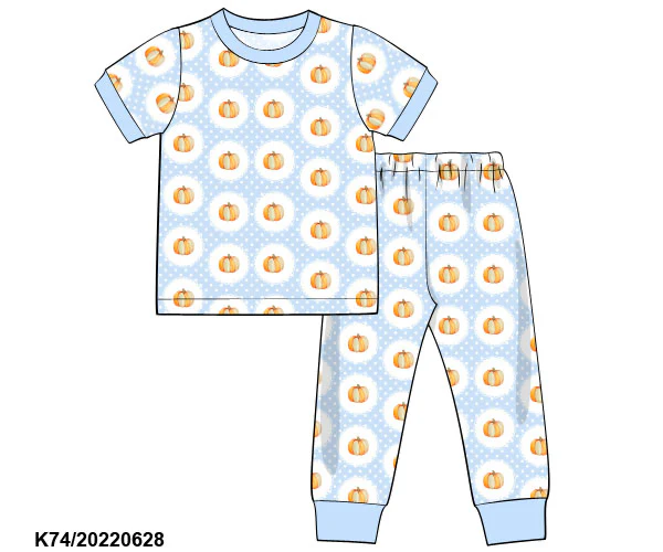 (Custom Design Preorder MOQ 5) Pumpkin Print Boys Fall Pajamas Clothes Set