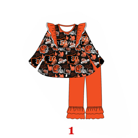 (Custom Design Preorder MOQ 5) Team's Bengals Tunic Top Orange Pants Girls Fall Clothes Set