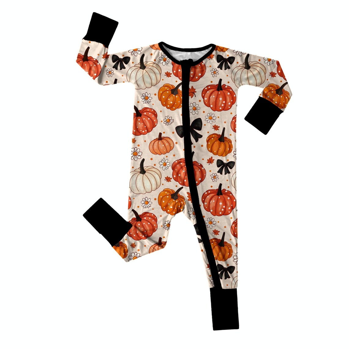 (Custom Design Preorder MOQ 5)  Pumpkin Flowers Print Baby Girls Fall Bamboo Sleeper Zipper Romper