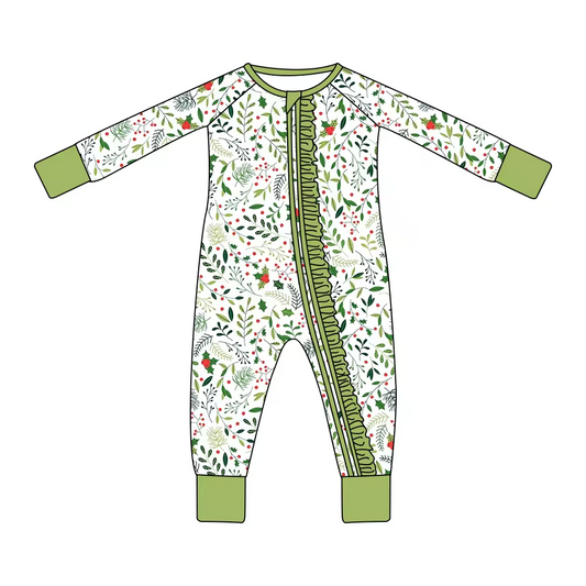 (Custom Design Preorder MOQ 5) Freen Leaf Hooly Print Baby Girls Christmas Sleeper Zipper Romper