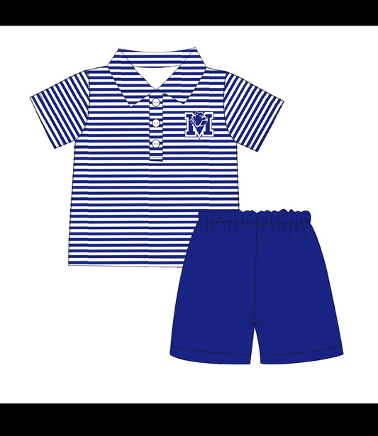 (Custom Design Preorder MOQ 5)  Team's M Print Polo Top Blue Shorts Boys Summer Clothes Set