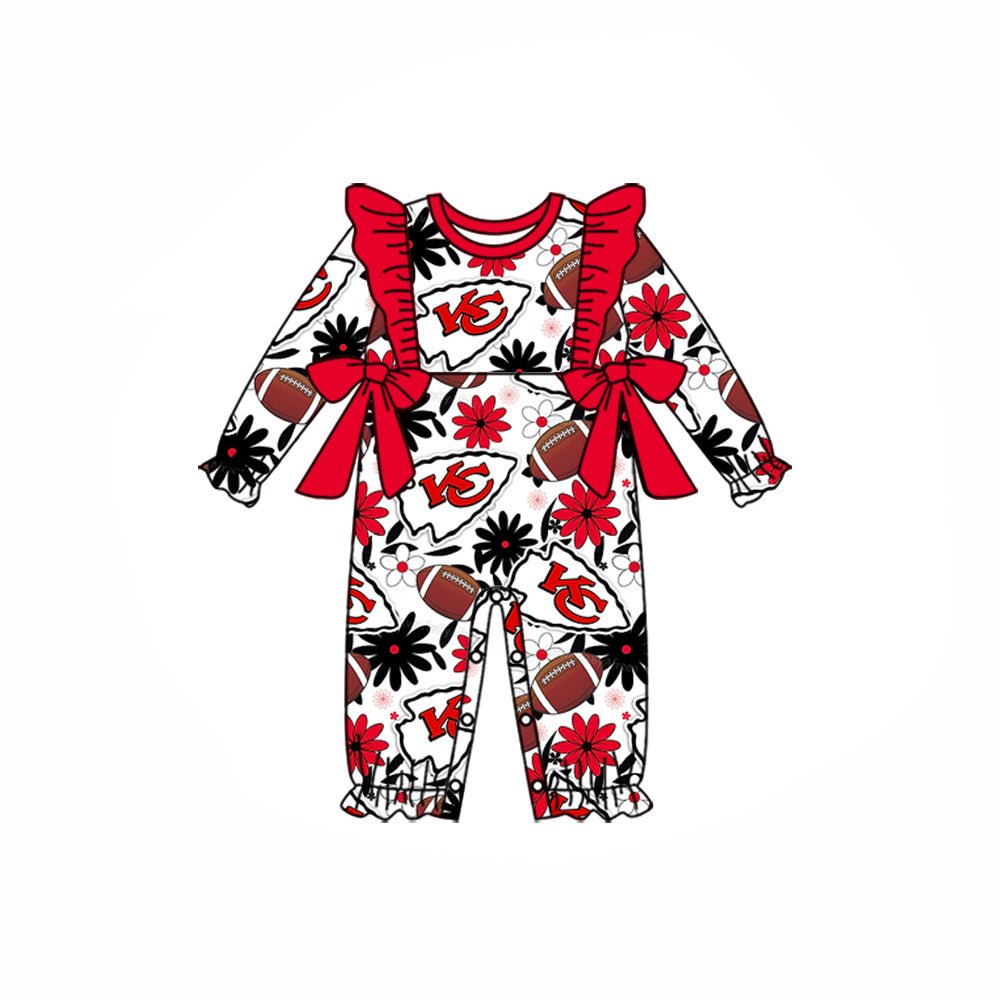 (Custom Design Preorder MOQ 5) Team's KC Flowers Print Bows Baby Girls Fall Romper