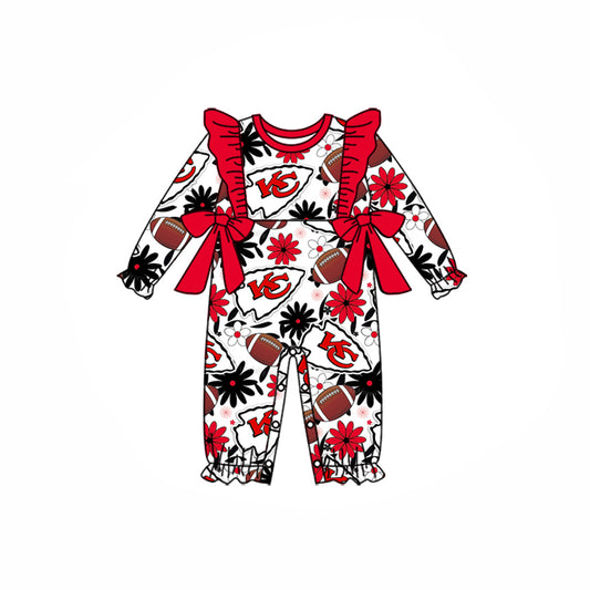 (Custom Design Preorder MOQ 5) Team's KC Flowers Print Bows Baby Girls Fall Romper