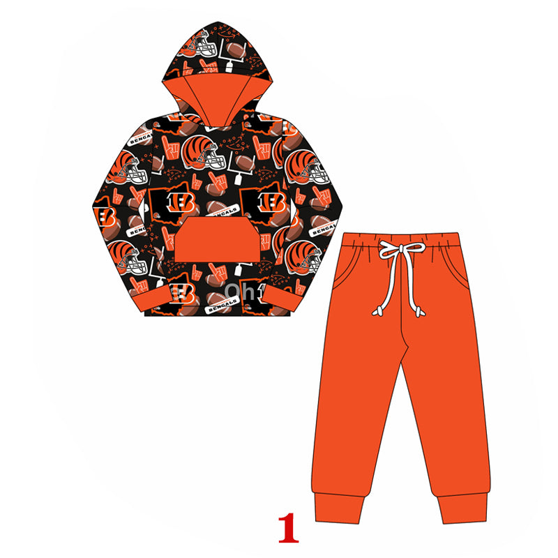 (Custom Design Preorder MOQ 5)Team's Bengals Hoodie Top Orange Pants Boys Fall Clothes Set