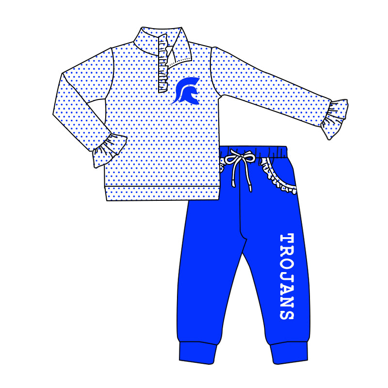 (Custom Design Preorder MOQ 5) Team's TROJANS Pullover Top Blue Pockets Pants Girls Fall Clothes Set