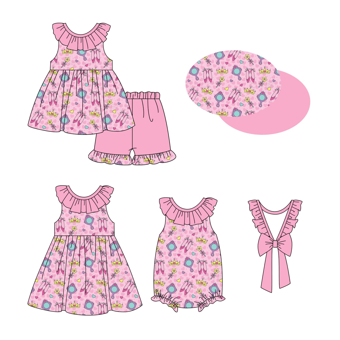 1.4(Custom Design Preorder MOQ 5 Each Design) Mirror Shoes Pink Print Girls Summer Matching Clothes Sisters Wear