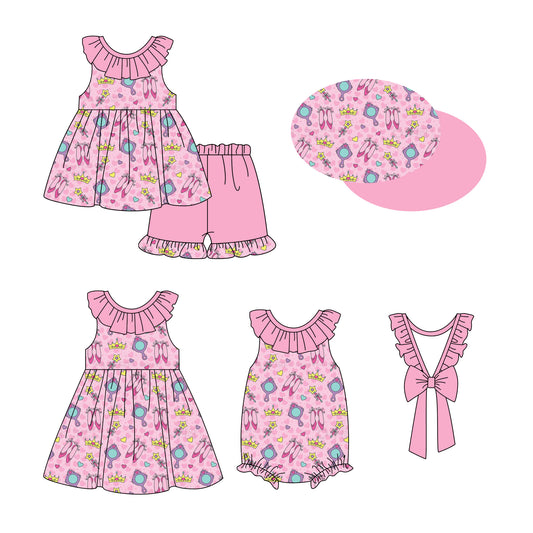 1.4(Custom Design Preorder MOQ 5 Each Design) Mirror Shoes Pink Print Girls Summer Matching Clothes Sisters Wear