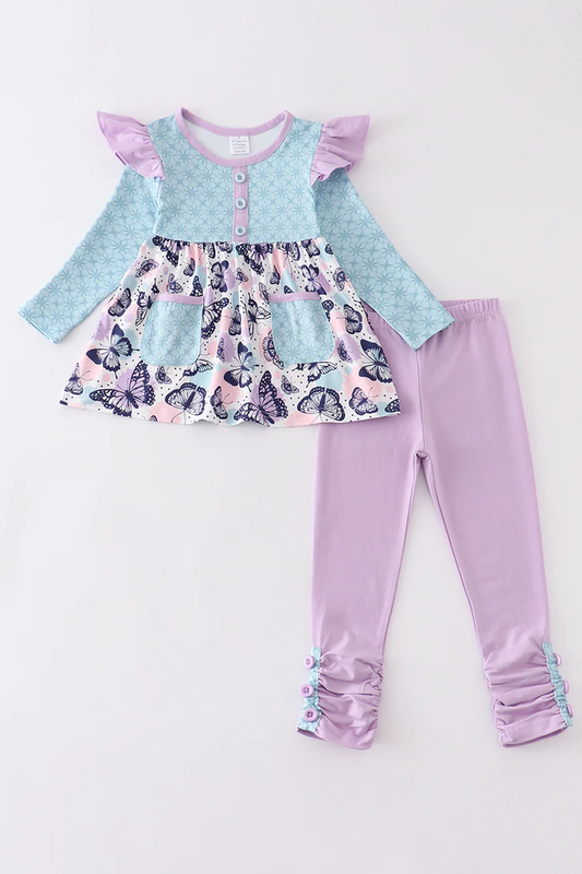 (Custom Design MOQ 5) Butterfly Violet Legging Pants Girls Clothes Set