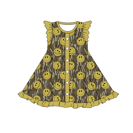 (Custom Design Preorder MOQ 5) Camo Smiling Print Girls Summer Knee Length Dress
