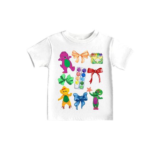 (Custom Design Preorder MOQ 5)NO.16  Colorful Dino Bows Print Girls Summer Tee Shirts Top