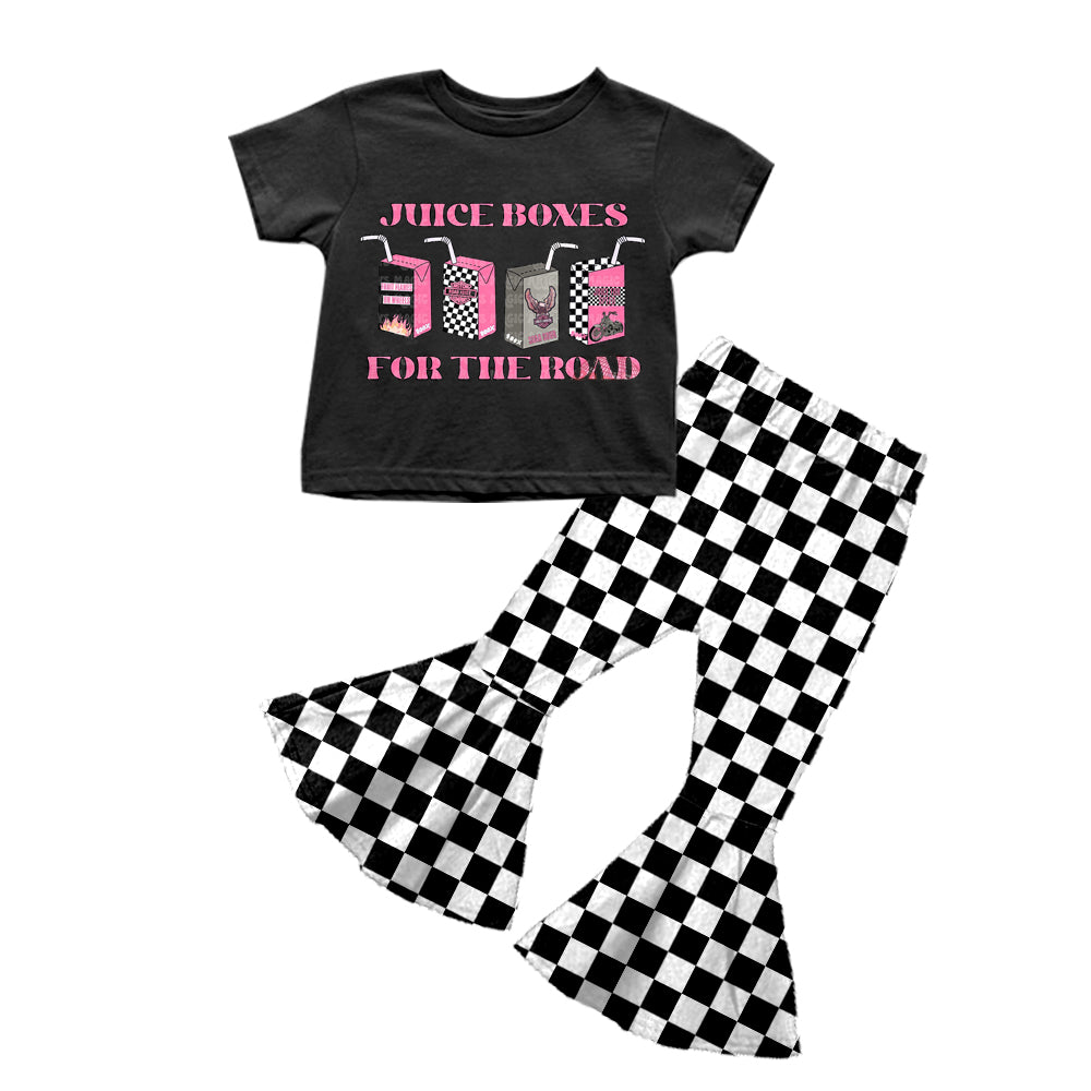 (Custom Design Preorder MOQ 5) Juice Boxes Pink Print Black Top Plaid Bell Pants Girls Clothes Set