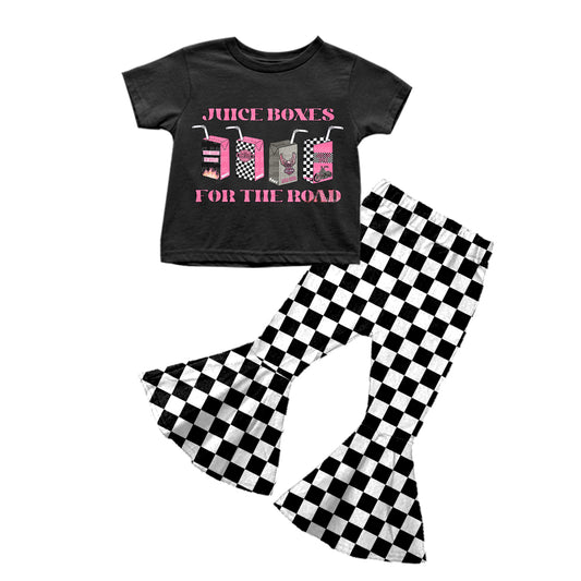 (Custom Design Preorder MOQ 5) Juice Boxes Pink Print Black Top Plaid Bell Pants Girls Clothes Set