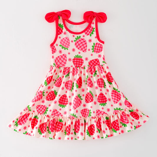 (Custom Design Preorder MOQ 5 ) Strawberry Flowers Print Girls Summer Knee Length Dress