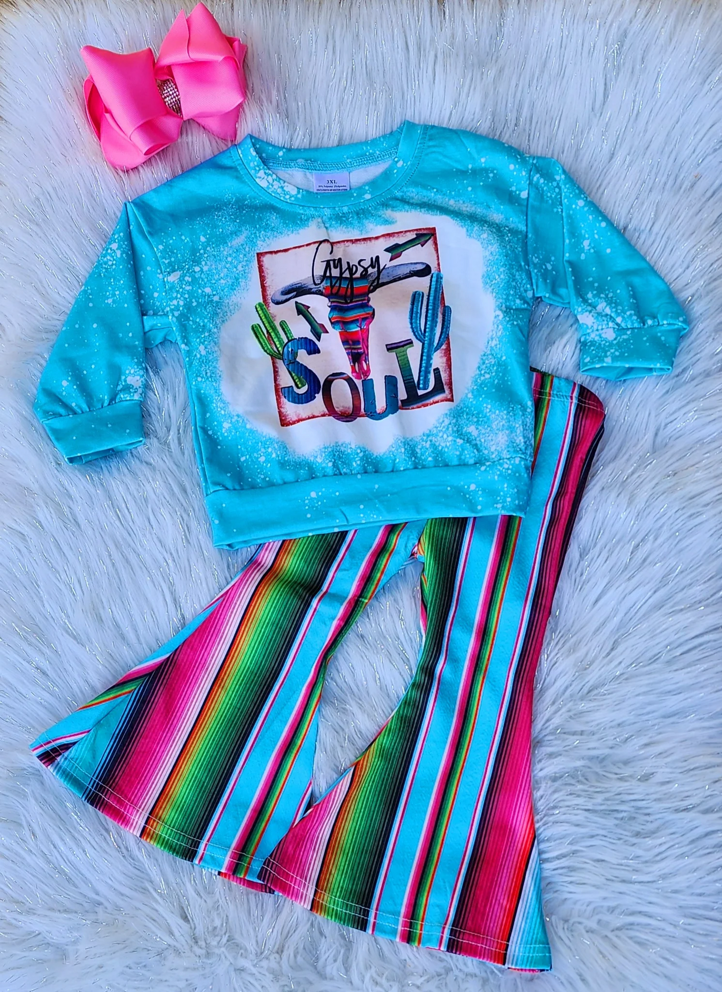 (Custom Design Preorder MOQ 5) Cow Skull SOUL Cactus Top Stripes Bell Pants Girls Clothes Set