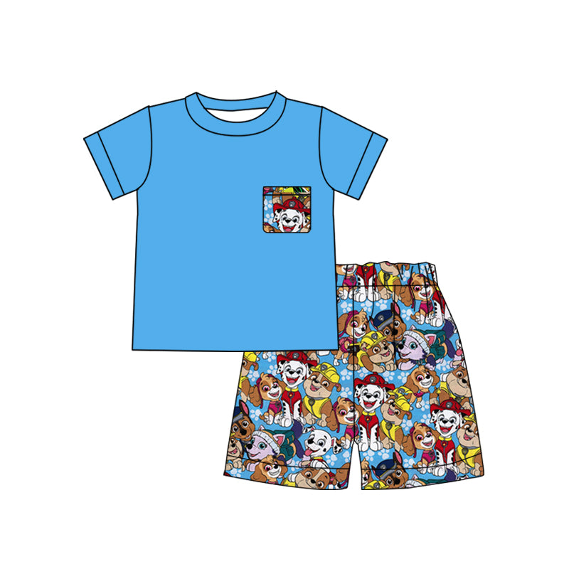 (Custom Design Preorder MOQ 5)  Blue Pocket Top Cartoon Dog Paw Shorts Boys Summer Clothes Set