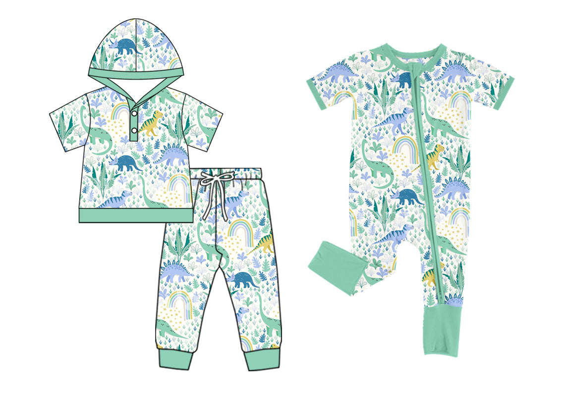 5.6(Custom Design Preorder MOQ 5 Each Design) Dino Green Print Boys Clothes Brothers Wear