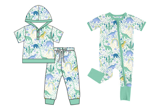 5.6(Custom Design Preorder MOQ 5 Each Design) Dino Green Print Boys Clothes Brothers Wear