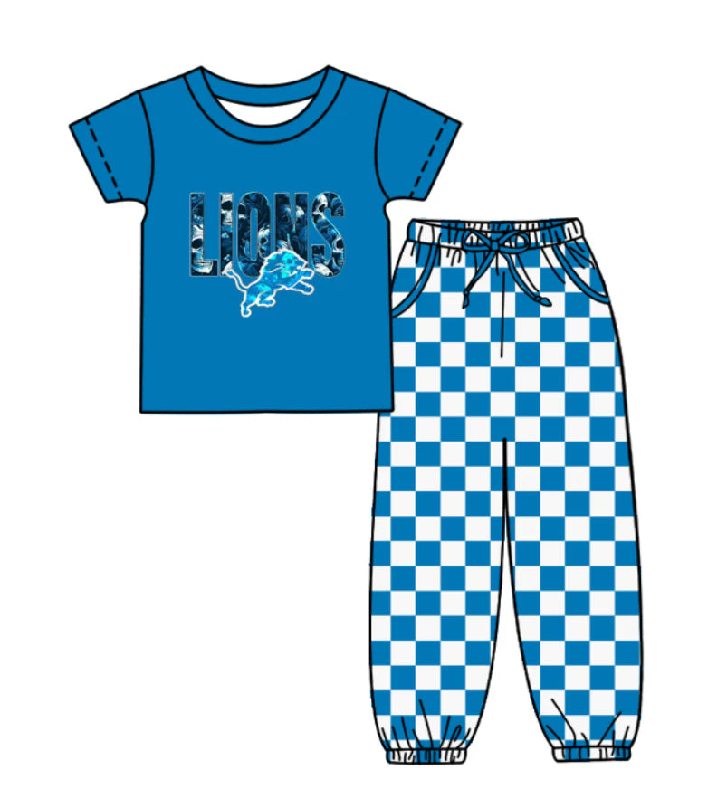 (Custom Design Preorder MOQ 5) Team's Lions Top Plaid Joggers Kids Clothes Set