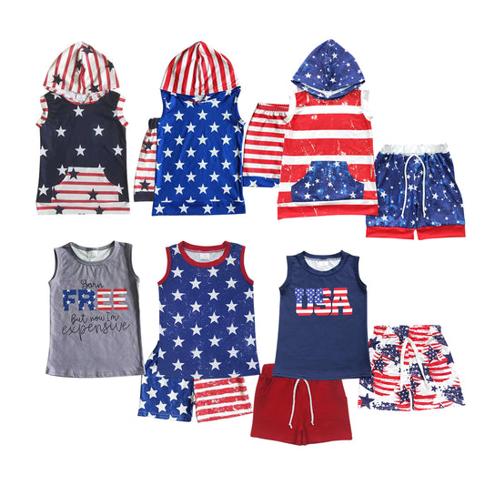 6 Design USA Flags Stars Print Boys 4th of July Clothes Set Brothers Wear